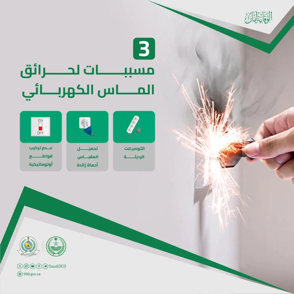 الدفاع المدني يؤكد أهمية الصيانة الدورية للأنظمة الكهربائية في المنازل والمنشآت