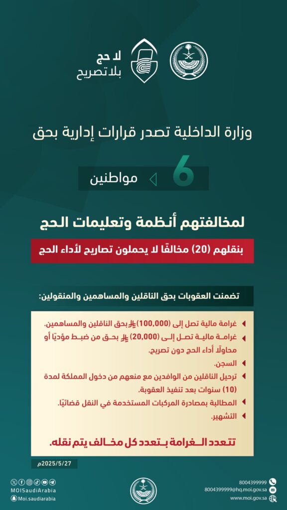 أصدرت وزارة الداخلية قرارات إدارية ضد ستة مخالفين لأنظمة الحج