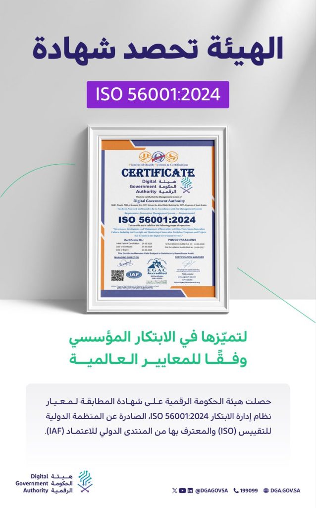 الحكومة الرقمية تحصل على شهادة ISO 56001:2024