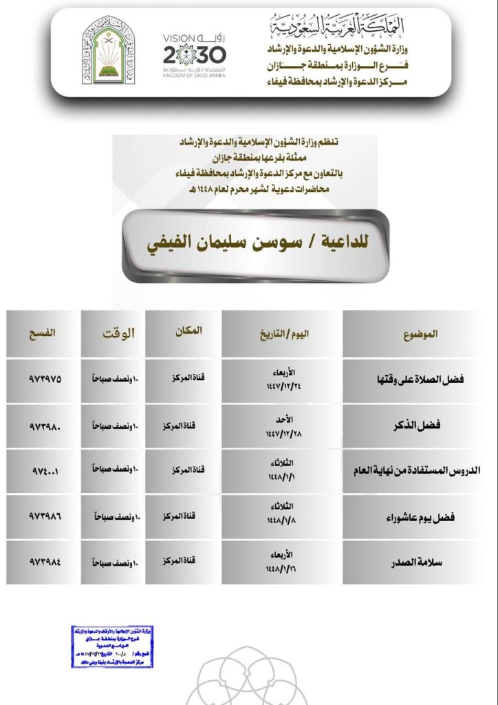 الشؤون الإسلامية بجازان تنظم سلسلةً من المناشط الدعوية النسائية