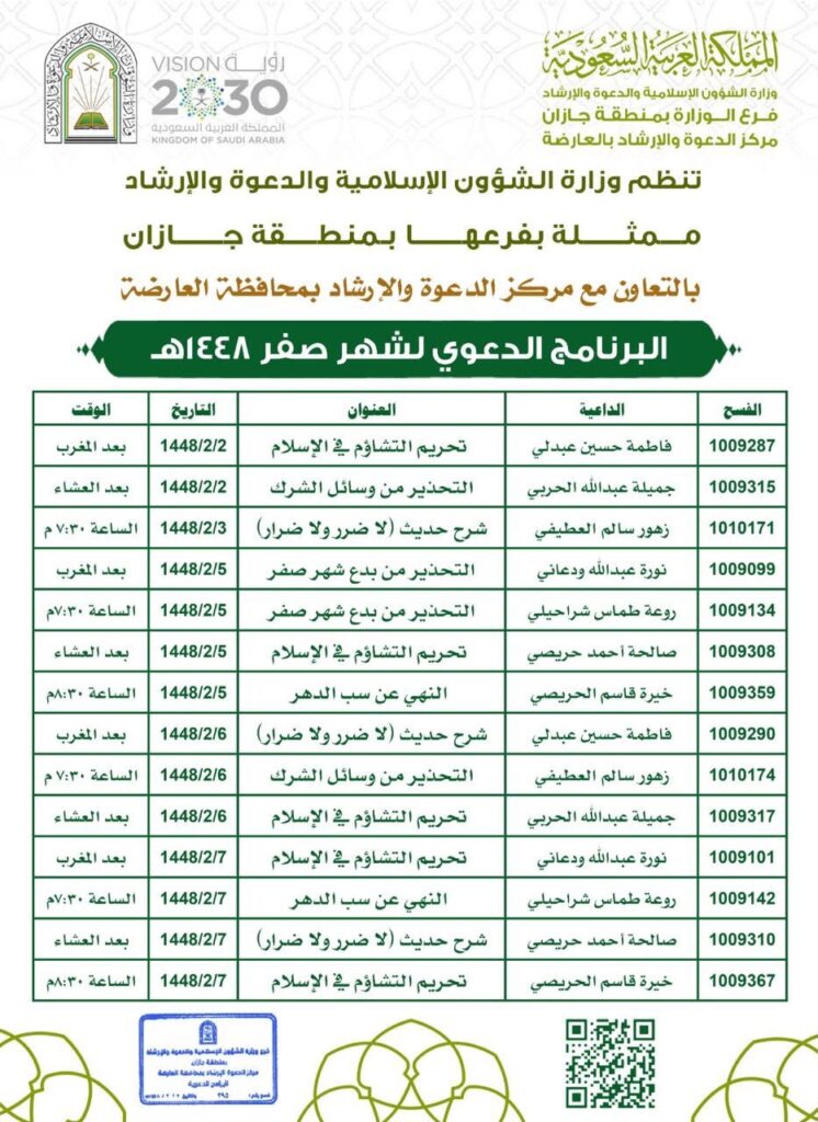 الشؤون الإسلامية في جازان تُقيم سلسلةً من المناشط الدعوية النسائية بمحافظة العارضة