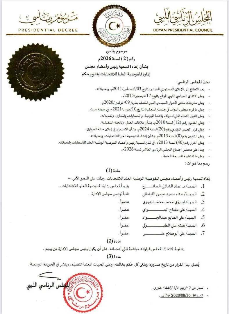 ليبيا.. المجلس الرئاسي يسمي رئيسا وأعضاء جددا لمفوضية الانتخابات