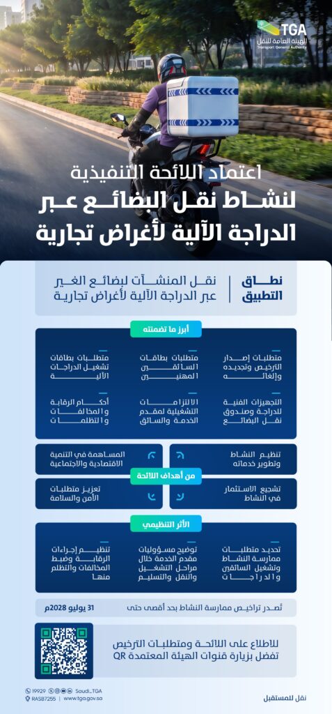 الهيئة العامة للنقل تُنظم رسمياً نشاط التوصيل عبر الدراجات النارية