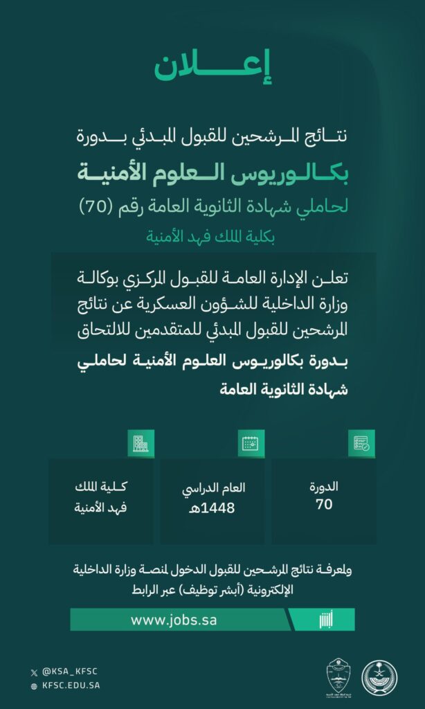 إعلان نتائج القبول المبدئي بدورة بكالوريوس العلوم الأمنية (70) بكلية الملك فهد الأمنية