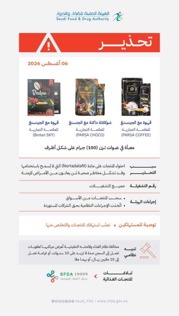 الغذاء والدواء تحذر من استهلاك 3 منتجات قهوة وشوكولاتة بالجينسنغ