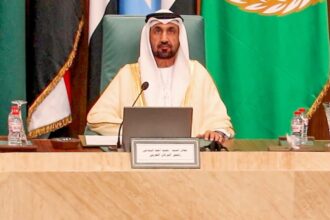 رئيس البرلمان العربي محمد بن أحمد اليماحي خلال كلمته بمقر جامعة الدول العربية