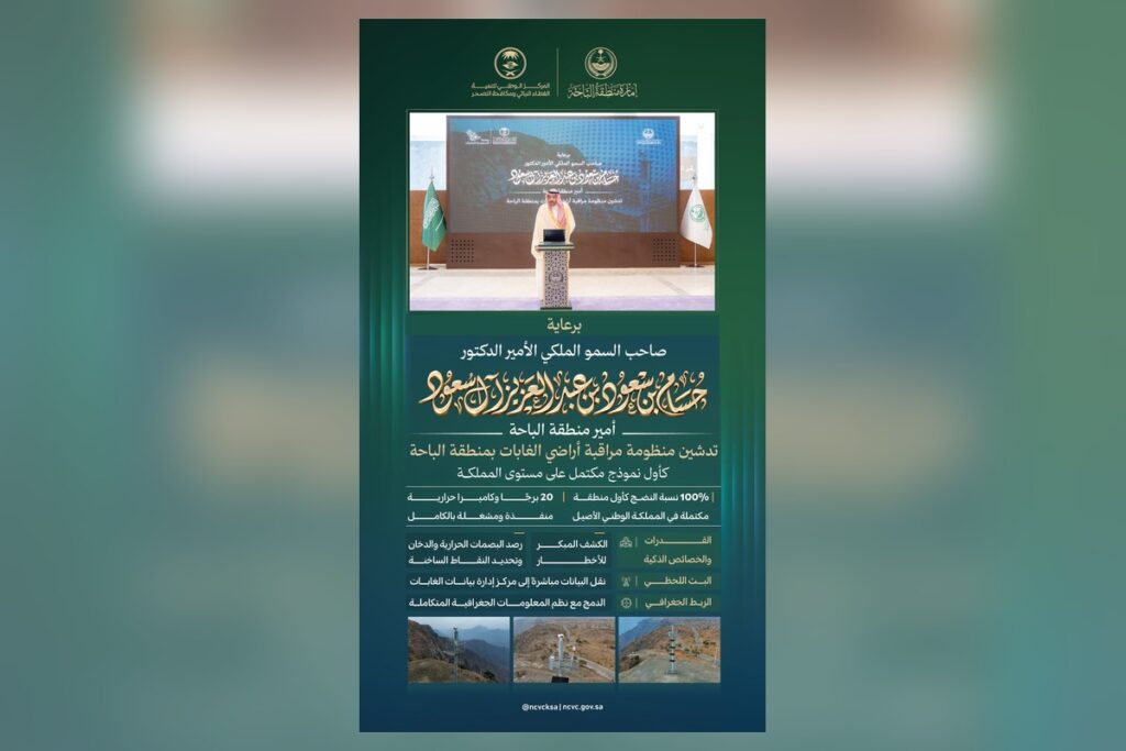 ملصق المركز الوطني لتنمية الغطاء النباتي عن منظومة مراقبة الغابات في الباحة