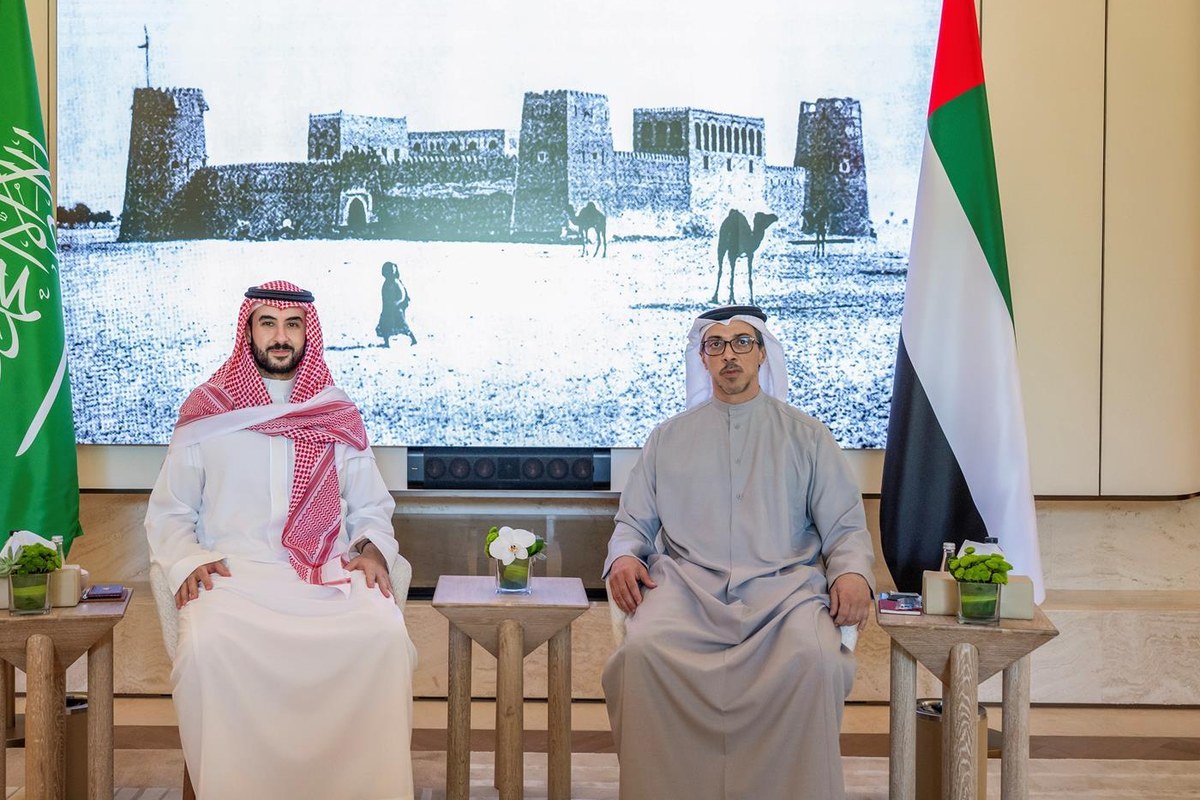 سمو وزير الدفاع خلال لقائه سمو نائب رئيس دولة الإمارات العربية المتحدة في أبوظبي